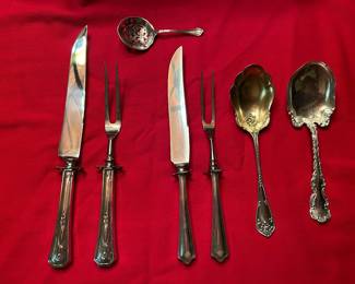 assorted sterling carving sets, serving pieces