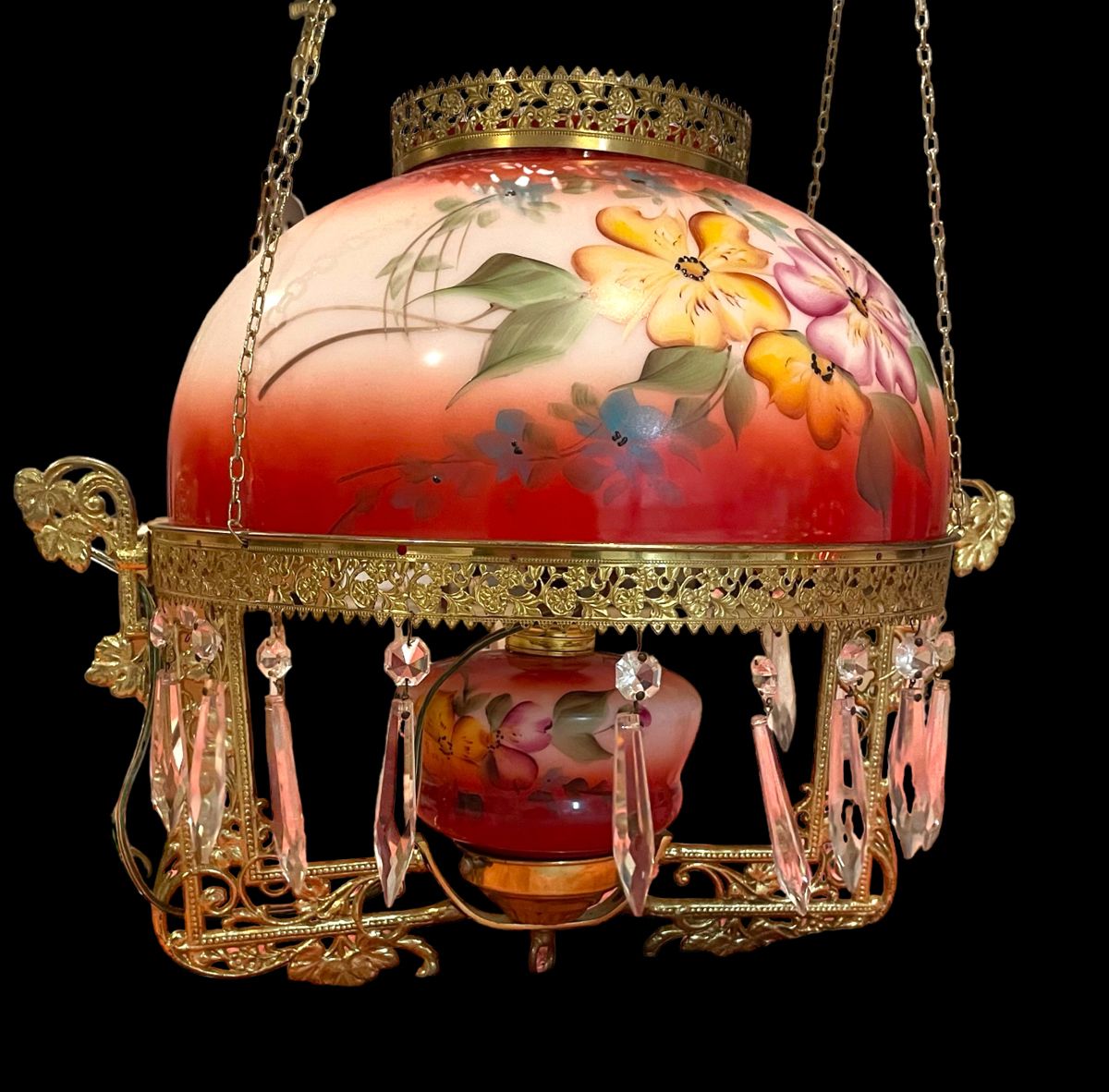 Antique electrified hand painted hanging lamp