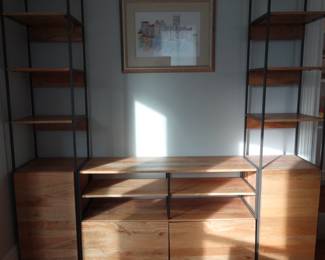 mid-century wood and wrought iron bookcase / cabinet / console