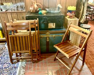 Wood slat foldable chairs. Paul Bunyon black foot locker. Larger vintage chest-trunk. Duck decoys