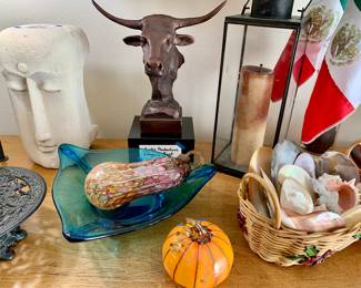 Austin Productions Longhorn Bronze. Pumpkins and Gourds in glass. Heavy cement face hand carved