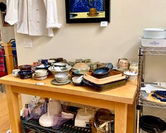 Ceramic handmade bowls and mugs. Cuisinart and Hamilton Beach Processor. Fantastic solid wood kitchen side table-- or anywhere -- perfect size for any home -any room