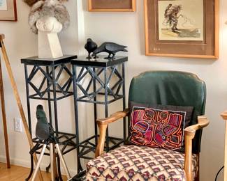 Fabulous leather and upholstered side chair. Fur hat