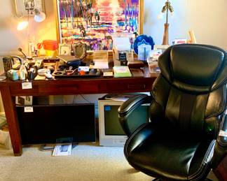 B.C.Nowlin -Into the Light artwork. Wonderful all wood vintage desk with drawers. MCM lamp. Awesome like new office chair