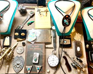 San Francisco Haight Street freak brothers humor badge 1960's. Stop Watches. Money clip, collar tabs, watch tips all in sterling silver with turquoise