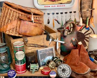 Fishing reels: Ja leoxe, Blue Grass Reel by Meek & Sons. JA Cox. Langley. Vintage Snoopy rod not pictured and Bambo rod made in Switzerland.