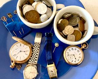 Rolex Stainless Steel. Antique 18kt Hamilton with strap. The Union Bradford Watch Co Pocket watch. Hamilton set lever gold filled pocket watch. Foreign coins from all over the world 1918-1974. Stick pins gold filled, 10kt and 14kt with tiny emeralds - diamonds and pearl center