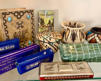 Vintage harmonica's. Basket native weaving. Jewish bible 