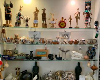 Over all image. Acoma pottery. Reed & Barton - Rogers silver plate tea set. Pottery ornaments