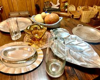 Silver Plate serving platters. Glass vase's