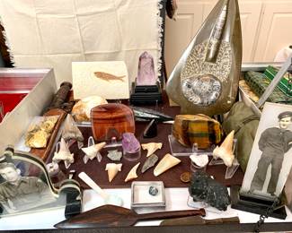 Shark Teeth. Fossils. Amethyst crystals. Vintage photos. Solid brass WWII buttons Bradberry 