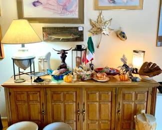 5 & 6 gallon crocks. Native American drums. Wood Mediterranean designed side table. MCM glass bowls in Aqua and Maroon colors. Pumpkins mouth blown decor.