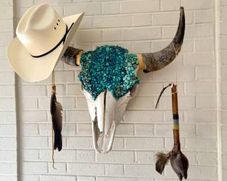 Very large Buffalo skull with turquoise and horn caps