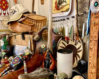 Alligator skull with intact skin and teeth. Fishing reels and nice hooks. Creels. Tooled leather belt with shadow box sterling silver turquoise belt buckle