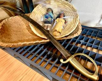 Sword. Dough bowl and vintage Indian dolls