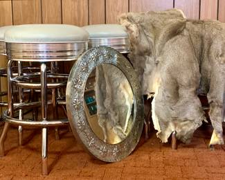 Bar Stools and metal mirror. Full Fur pelt
