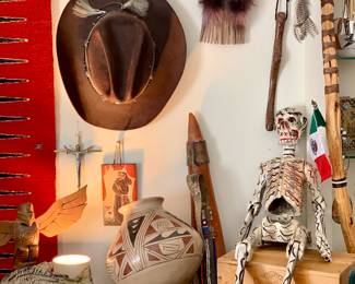 Spirit mask. Walking stick. Walking Dead Skeleton. Acoma pottery. Masai Milk Gourd