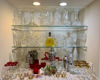 Crystal Barware. Gorham, Waterford, D'Arques, Samobor. Deco and vintage shakers and spritz bottle. Dorothy Thorpe gold rim wine glass's.