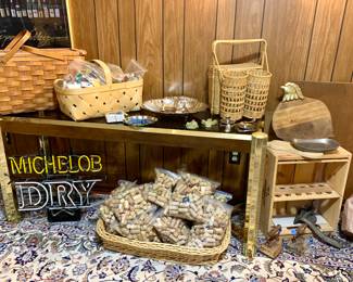 Michelob Dry Neon sign- needs work but most of it lights up. Antique picnic basket. Brass and Smoke glass tall table. Corks anyone?-Old Match Books as well
