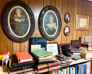 Vintage for sure possibly antique oval picture frames with photos. Scrap books, photo albums, old books, magazines. Ephemera 