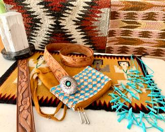 Shadow Box turquoise and sterling silver buckle with tooled leather belt. Turquoise Native American fetish necklace. Vintage beaded pouch. Indian Rugs