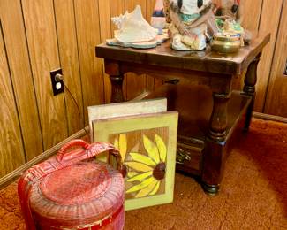 Solid wood Early American side table. Red woven basket with lid. Sunflower box