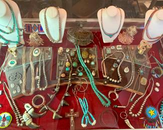 Navajo Pearls benchmark bead necklaces, Naja sandcastle pendant and bead necklace. Nugget and Heshi neck. Liquid Silver 30 strand necklace. Sandcast star shape bolo. Jacla.