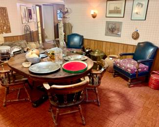 Large Brass Caldron. Large terra cotta planter. Fishing vests. Wood Carving wall decor