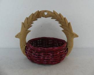 Vintage 1930s Americana Hand Carved Double Deer Handled Basket