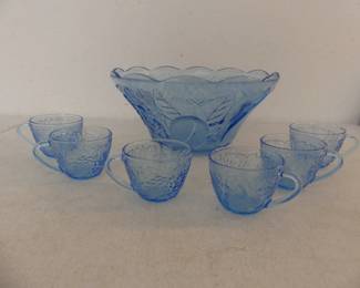 Vintage KIG Indonesia Blue Fruit Pattern Punchbowl with 6 Cups
