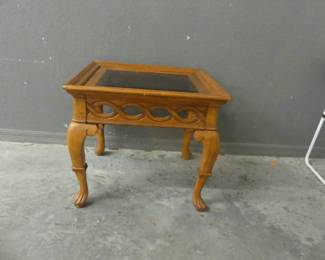 Vintage Carved Wood Side Table with Glass Inset 