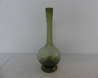 Vintage MCM Olive Art Glass Hand Blown Twisted Neck Bud Vase - 16" Tall