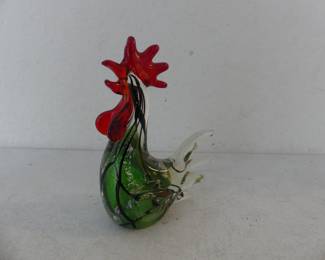 Vintage (Possibly Murano) Rooster with Green & Silver Flecks - 8" Tall