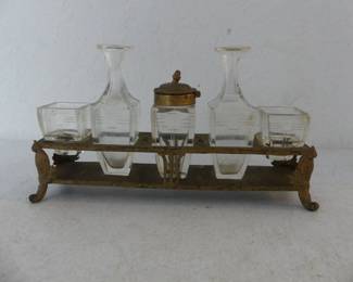 Vintage Art Deco Brass & Etched Glass 6-Piece Condiment Set
