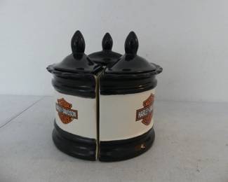 Rare Vintage Harley-Davidson 3-Section Round Ceramic Canister Set