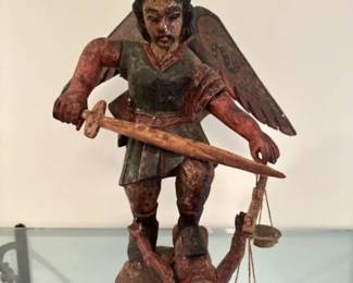 Folk Art Saint Michael Wood Carved Statue