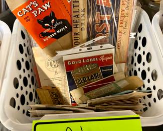 Antique and vintage advertising labels, boxes, signs, packaging