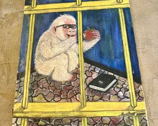 Painting of a chimp wearing glasses in prison while eating an apple.  The book on the ground next to him is titled “Sex” and there is some drug paraphernalia (difficult to see) scattered on the ground. The back of the canvas says
“The Recidivist” May 21 1968 by R. Ohara
