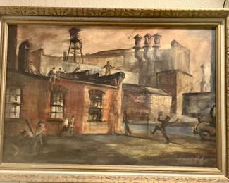 Signed painting of kids playing baseball in an alleyway
