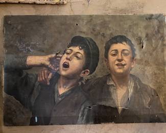 Very old and worn signed oil on canvas of two young boys
