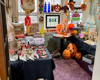 Room full of vintage Christmas, Halloween, and Easter decor