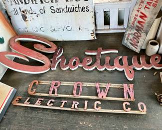 - “Shoetique” 3d steel sign 
- “Crown Electric Co. die cut steel sign
