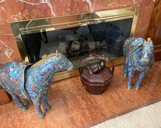 A PAIR OF VINTAGE ASIAN TURQUOISE & BRASS CLOISONNE' HORSES...