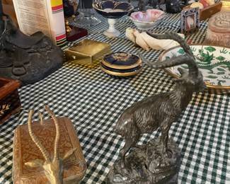 BRASS TRINKET BOX, BRONZE MOUNTAIN GOAT, PORCELAIN PLATE "HONG KONG," LIMOGE & SO MANY SMALL "TCHOTCHKES" IF ONLY THIS SALE WAS BEFORE CHRISTMAS -- SO MANY AMAZING GIFTS HERE!