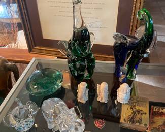 NETSUKE JAPANESE FIGURINES, BACCARAT CRYSTAL ELEPHANT, ITALIAN BLOWN GLASS ELEPHANTS, COSTUME JEWELRY, VINTAGE "OLD WEST" POCKET NOVELS & MORE!