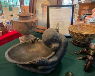 FOREGROUND: CERAMIC "MONKEY BOWL." BACKGROUND RUSSIAN LAMP. RIGHT SIDE: VINTAGE CHINESE BOWL & MONKEY SCULPTURE BY LOET VANDERVEEN. BACKGROUND: PHOTO OF WW-2 WAR HERO (CLIENT'S FATHER) AND A LETTER OF COMMENDATION SIGNED BY PRESIDENT HARRY S. TRUMAN!