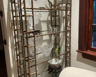 Beautiful etagere with glass shelving... Asian style bamboo iron with gold gilded, Hollywood Regency with 2 matching mirror & console.