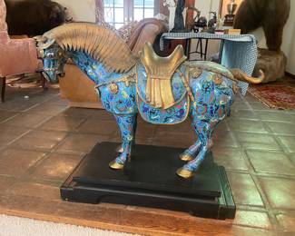 THIS IS THE LARGER CLOISONNE' TURQUOISE & BRASS HORSE ASIAN HORSES...