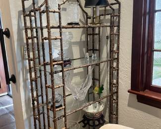 HOLLYWOOD REGENCY GOLD ETAGERE W/ GLASS SHELVING...