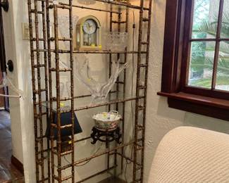 HOLLYWOOD REGENCY STYLE ETAGERE.. BAMBOO STYLING WITH GLASS SHELVES, ABSOLUTELY FABULOUS! WE ALSO HAVE A CONSOLE & MIRROR TO MATCH & COMPLETE THE SET!